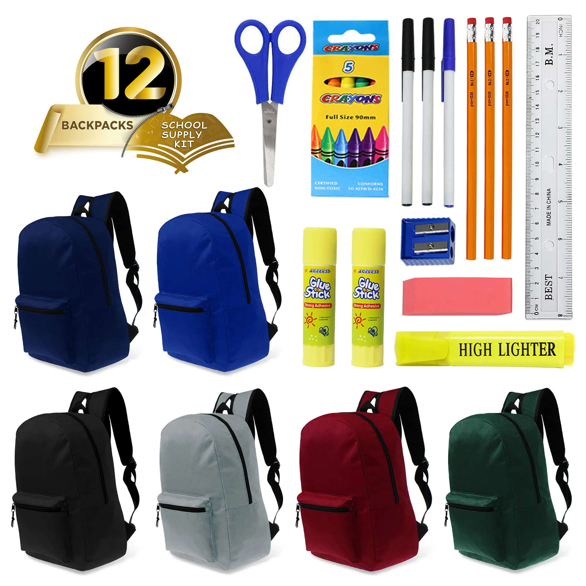 12 Wholesale Classic 15" Backpacks in Assorted Colors and 12 Bulk School Supply Kits of Your Choice