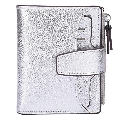 AINIMOER Women's RFID Blocking Leather Small Compact Bi-fold Zipper Pocket Wallet Card Case Purse (Lichee Silver)