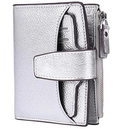 AINIMOER Women's RFID Blocking Leather Small Compact Bi-fold Zipper Pocket Wallet Card Case Purse (Lichee Silver)