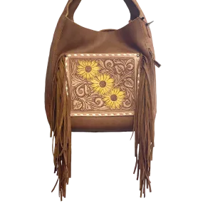 American Darling Brown Leather Sunflower With Fringe Purse ADBG622A