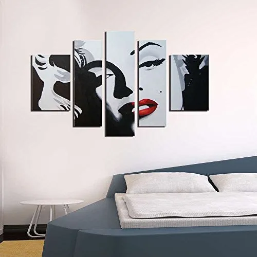 ARTLAND MODERN 100% HAND PAINTED OIL PAINTING ON CANVAS "SEXY MARILYN MONROE" 5-PIECE FAMOUS PEOPLE FRAMED WALL ART READY TO HANG FOR LIVING ROOM ARTWORK FOR WALL DECOR HOME DECORATION 26X48INCHES