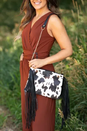 Black and Ivory Cow Print Fringe Crossbody Bag