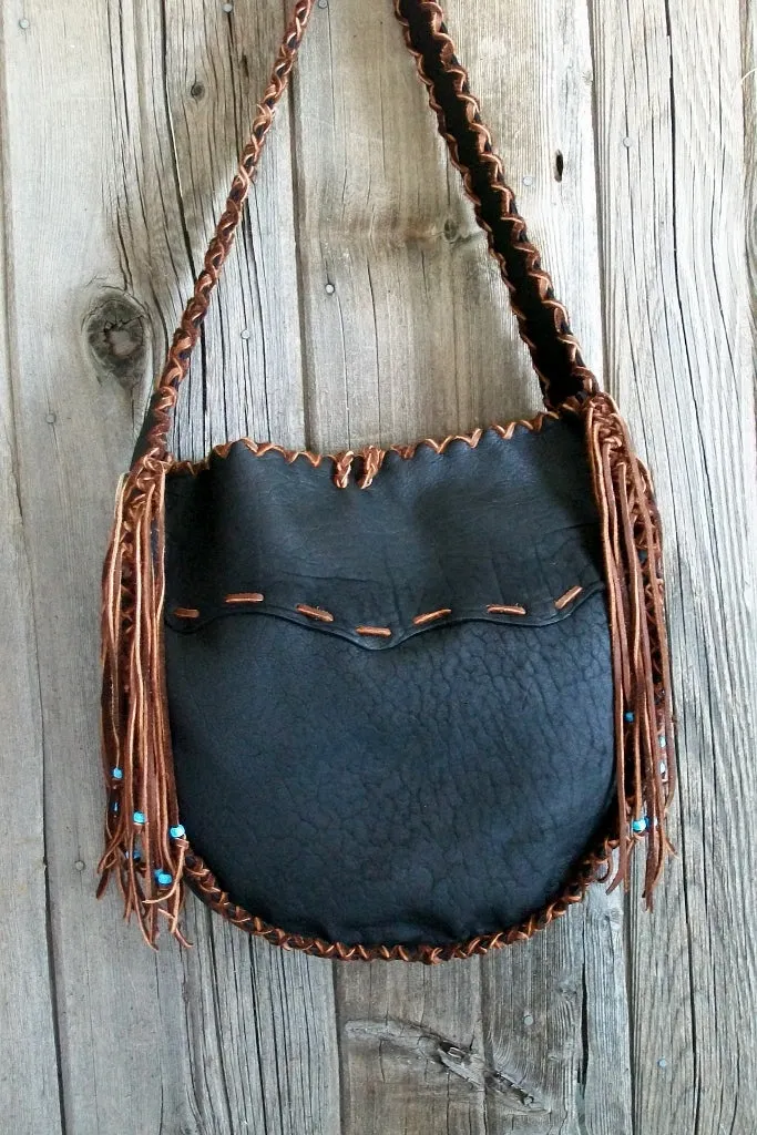 Black buffalo leather tote, large tote handbag