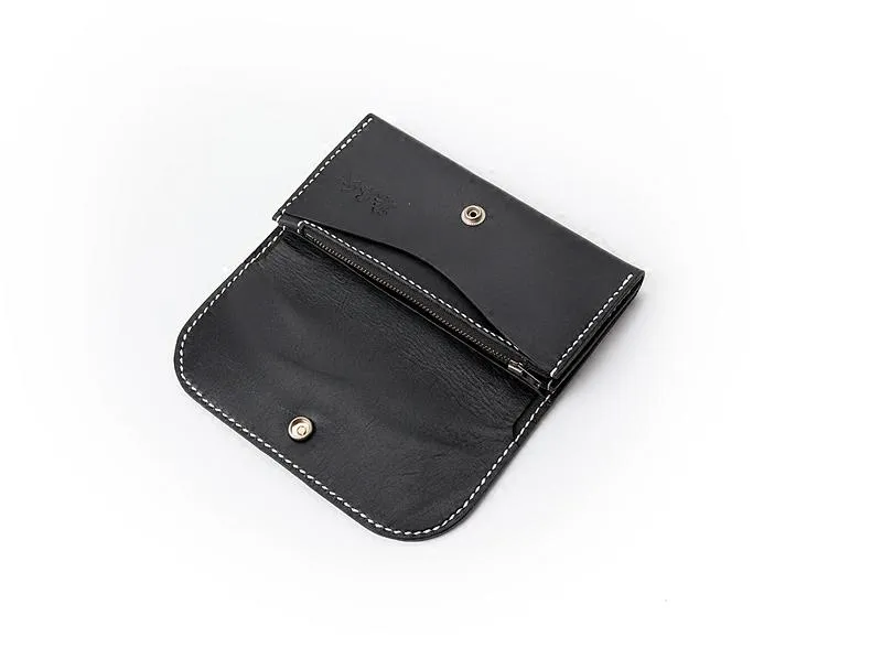 Black Handmade Leather Mens Long Wallet Bifold Card Wallets Buckle Wallet For Men