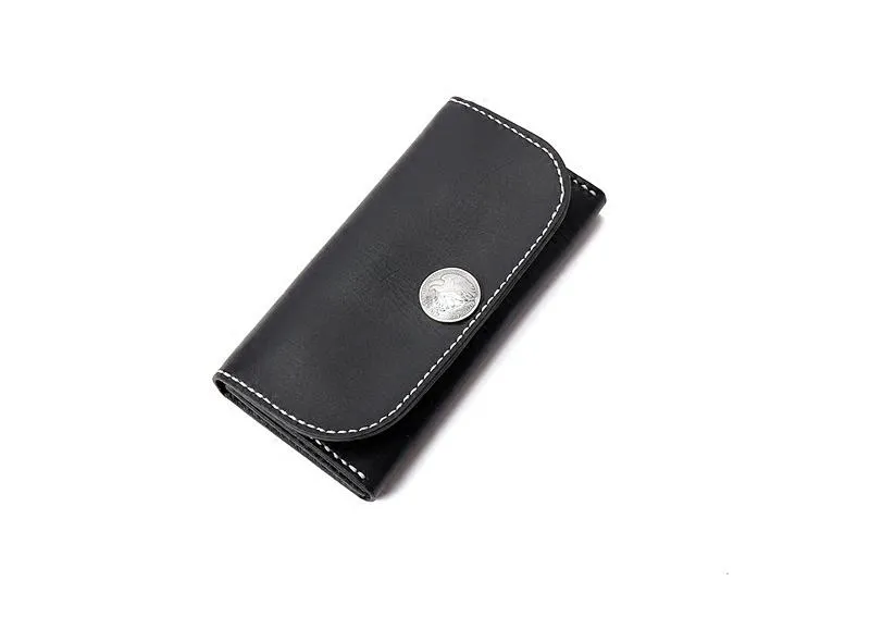 Black Handmade Leather Mens Long Wallet Bifold Card Wallets Buckle Wallet For Men