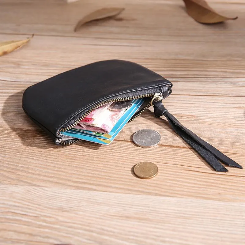 Black Leather Mens Card Wallets Cool Small Zipper Change Wallet Coin Purse For Men