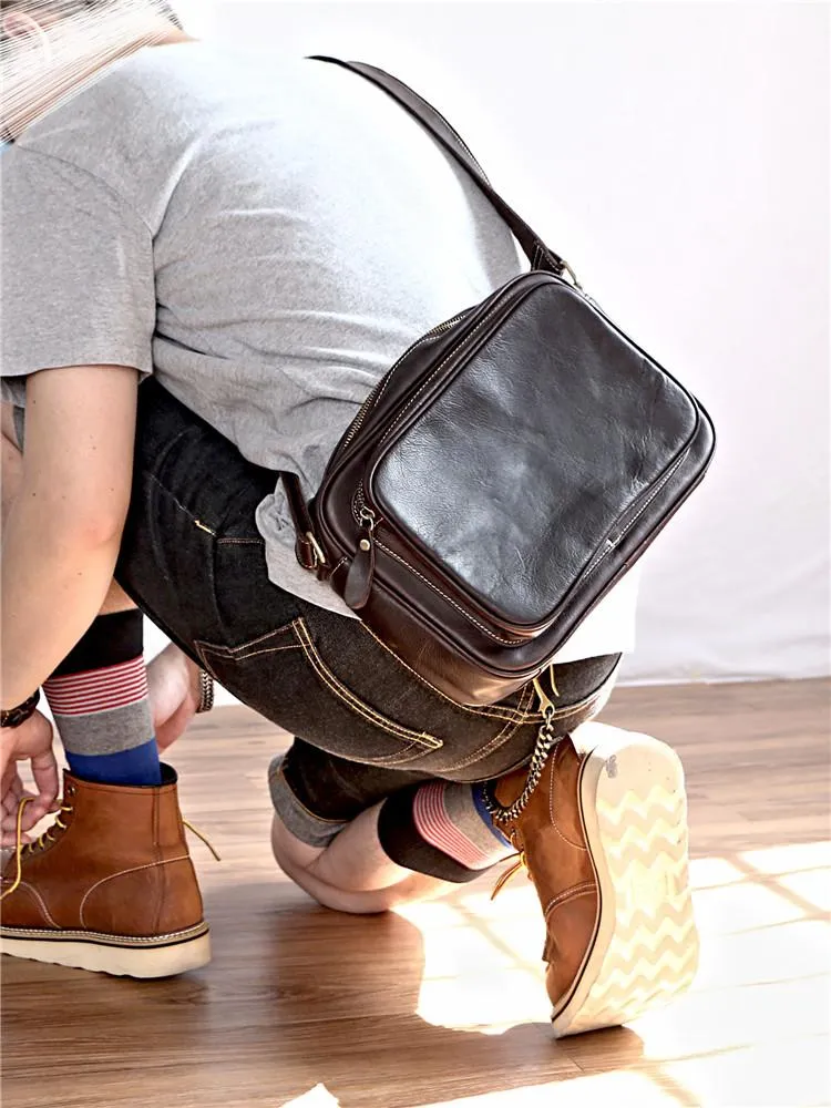 Black Leather Mens Casual Small Courier Bags Messenger Bag Dark Coffee Postman Bags For Men