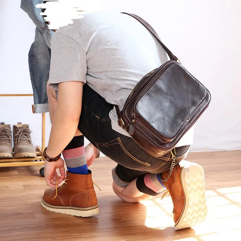 Black Leather Mens Casual Small Courier Bags Messenger Bag Dark Coffee Postman Bags For Men