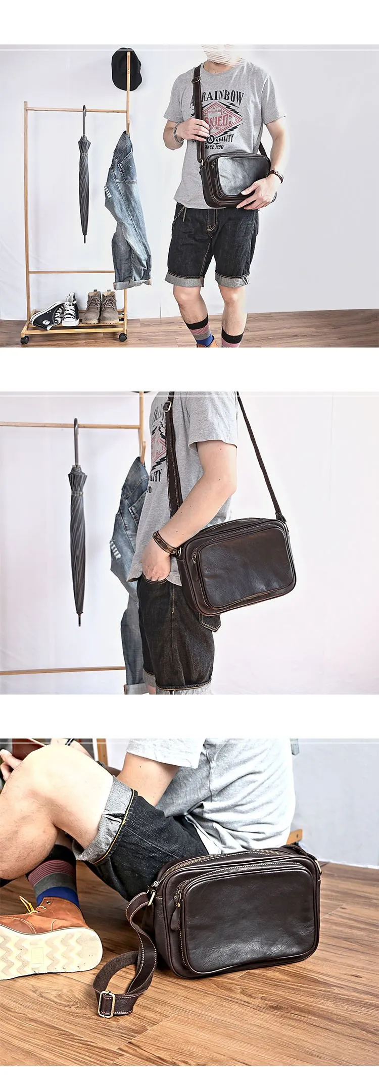 Black Leather Mens Casual Small Courier Bags Messenger Bag Dark Coffee Postman Bags For Men