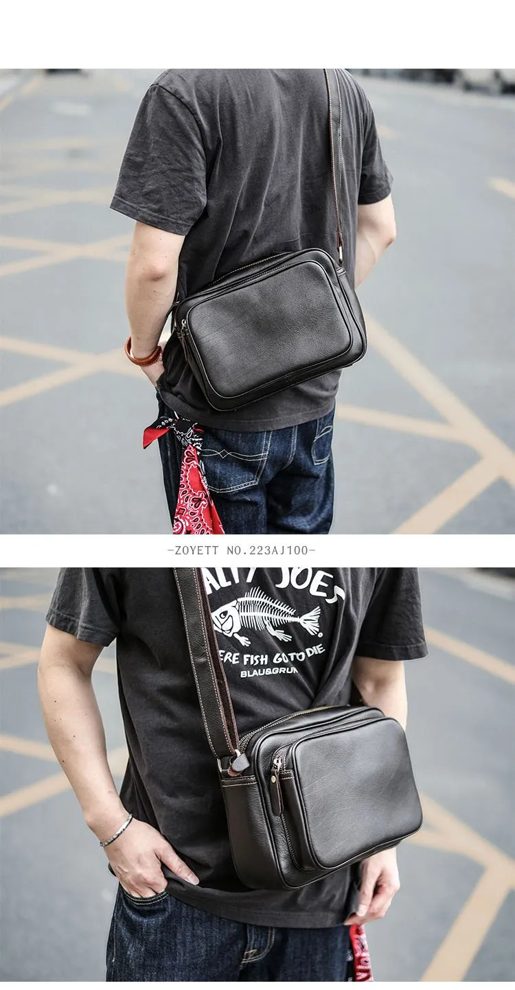 Black Leather Mens Casual Small Courier Bags Messenger Bag Dark Coffee Postman Bags For Men