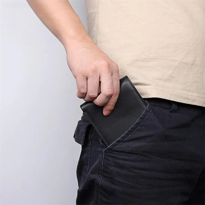 Black Trifold Leather Mens Wallet Small Wallet Billfold Wallet Black Front Pocket Wallet for Men