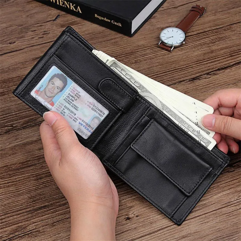 Black Trifold Leather Mens Wallet Small Wallet Billfold Wallet Black Front Pocket Wallet for Men