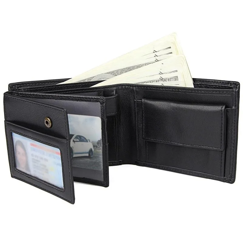 Black Trifold Leather Mens Wallet Small Wallet Billfold Wallet Black Front Pocket Wallet for Men