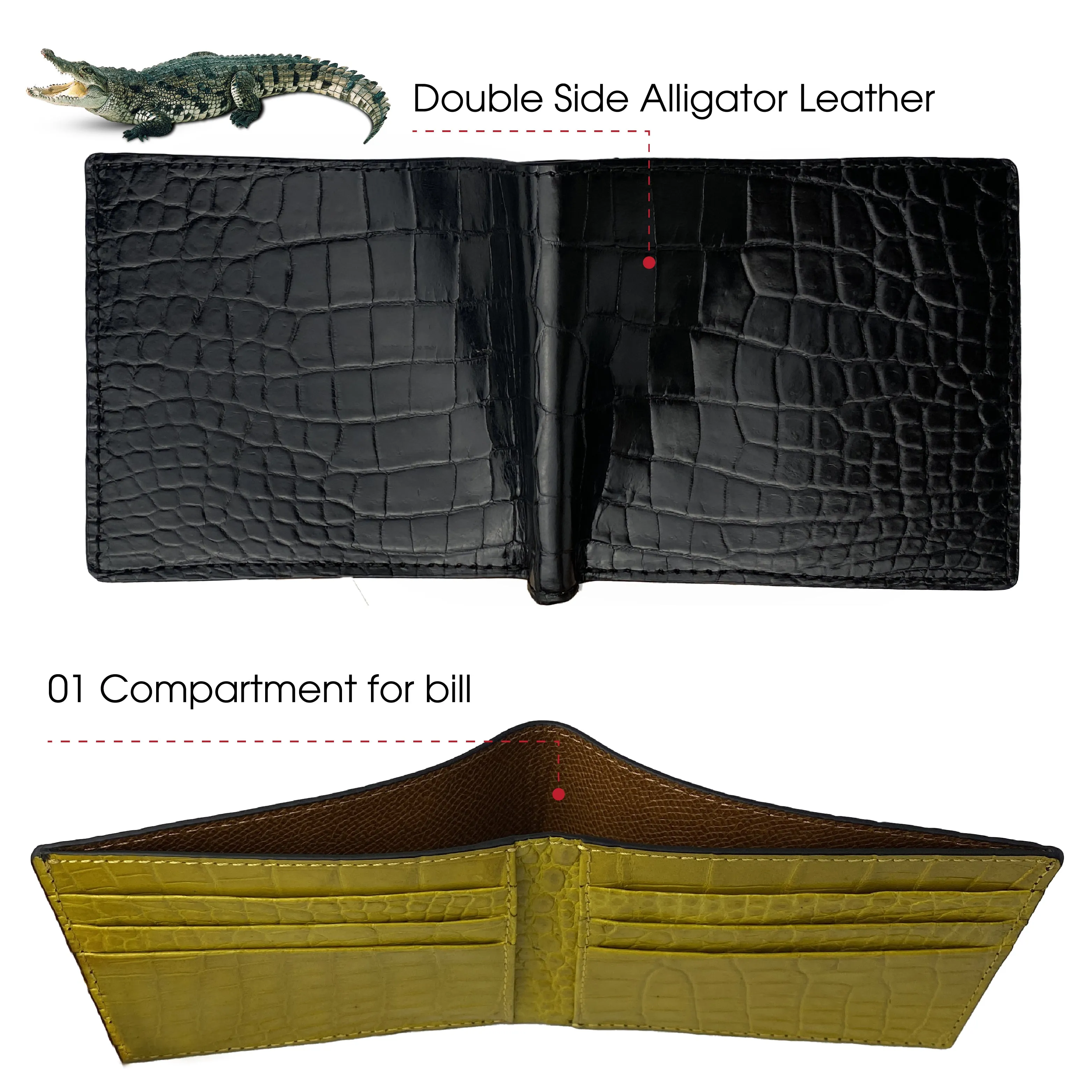 Black Yellow Double Side Alligator Leather Slim Bifold Wallet For Men | Handmade Crocodile Belly Leather Wallet RFID Blocking | VILE-119