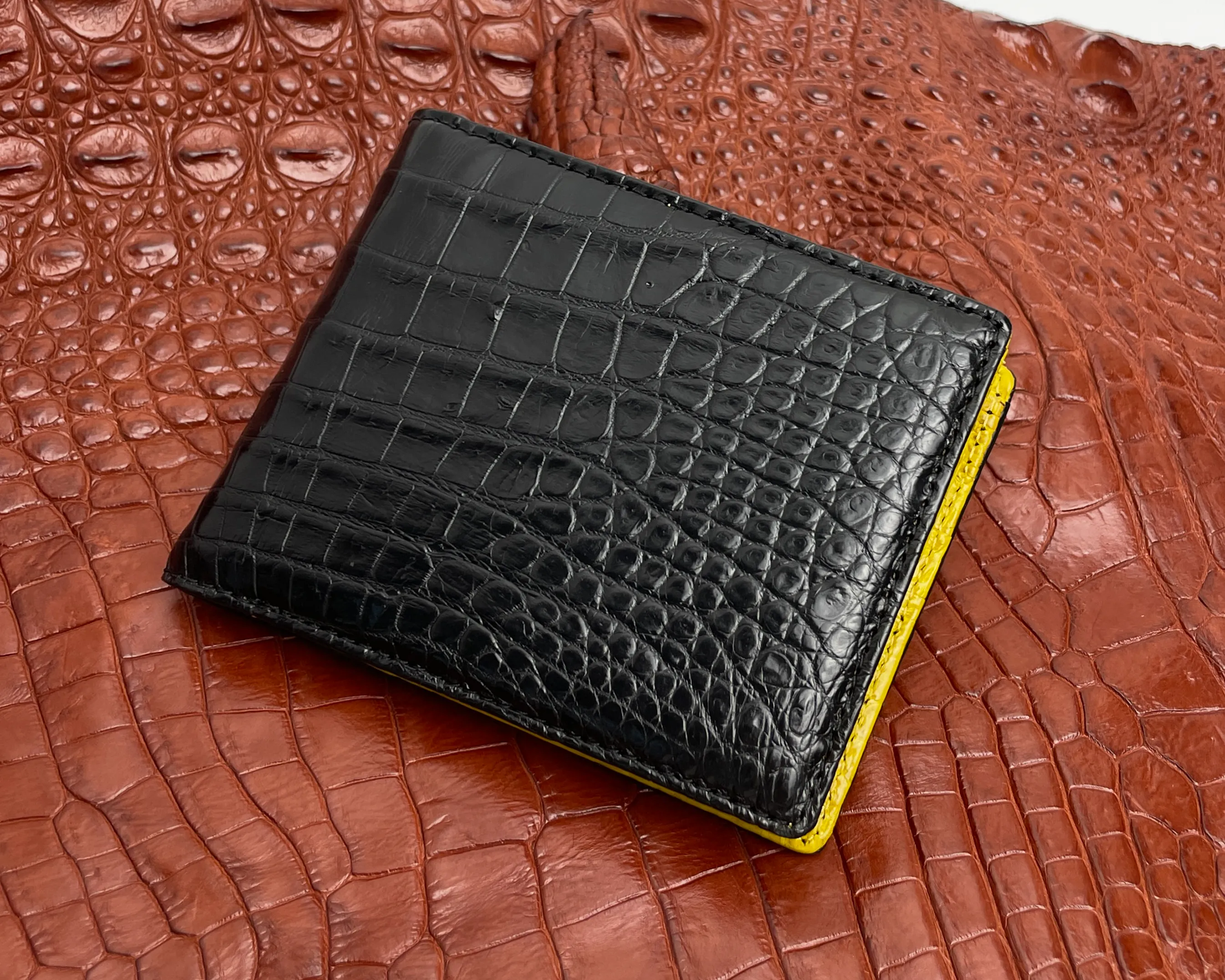 Black Yellow Double Side Alligator Leather Slim Bifold Wallet For Men | Handmade Crocodile Belly Leather Wallet RFID Blocking | VILE-119