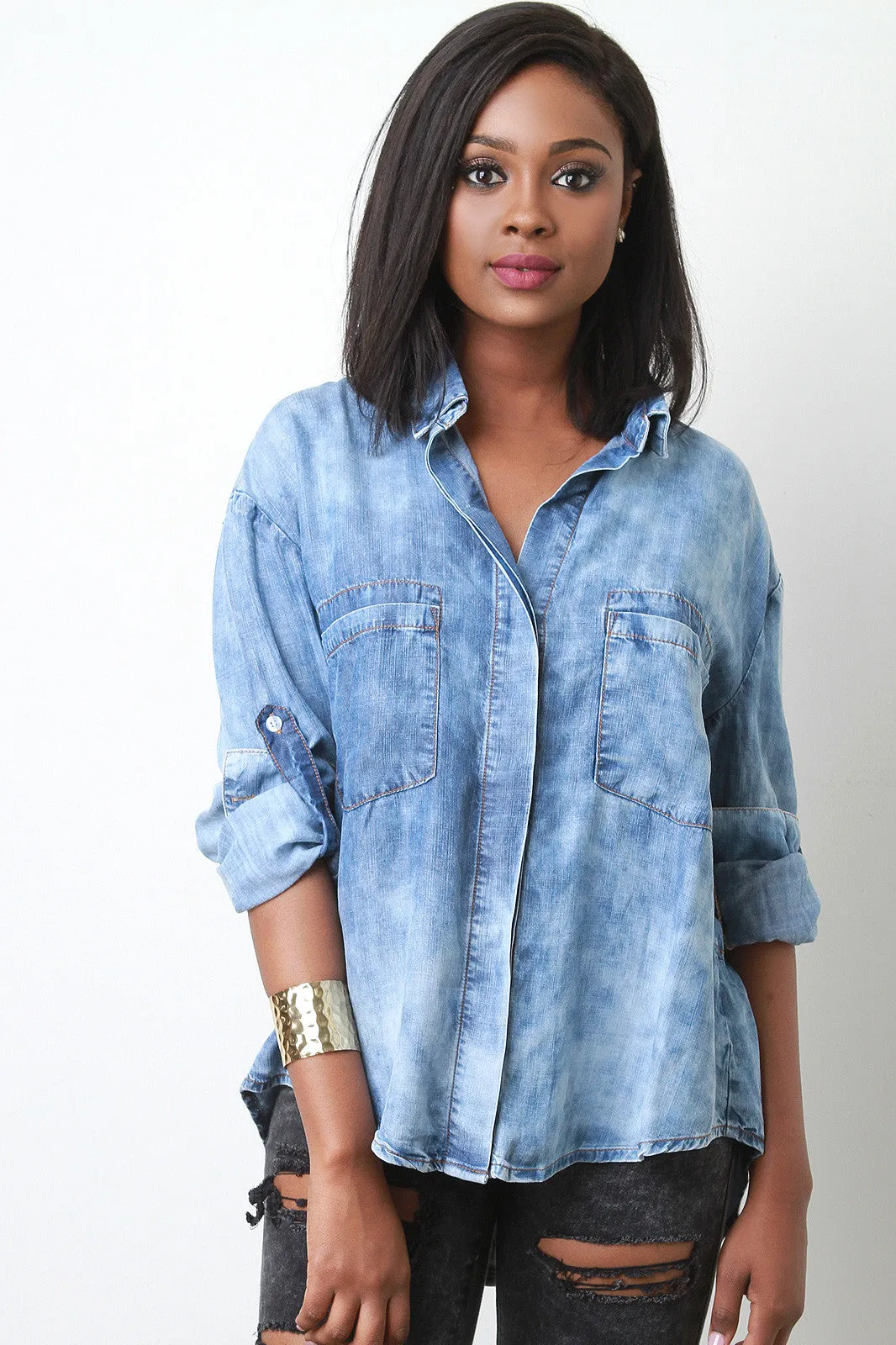 Bleach Wash Hidden Button-Up Denim Shirt