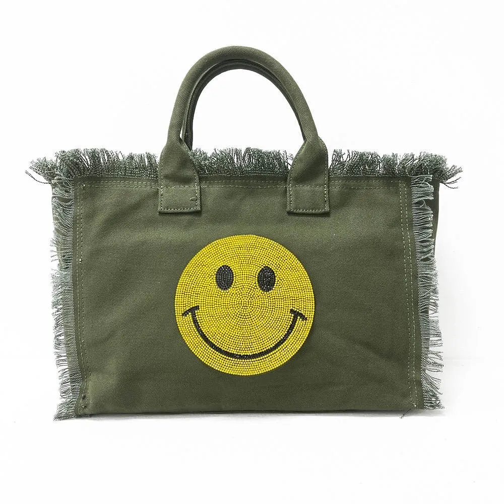 Bling Smiley 😊 Face Small Fringe Canvas Tote With Solid Strap