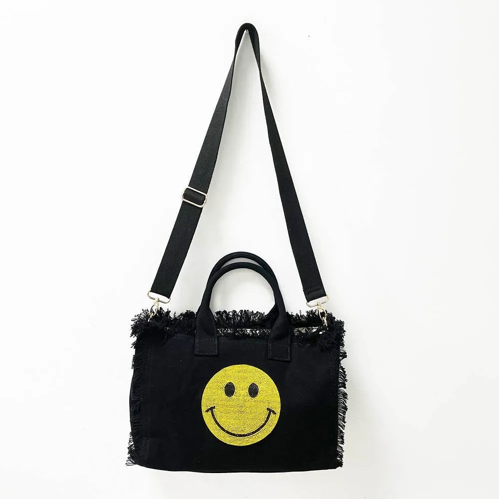 Bling Smiley 😊 Face Small Fringe Canvas Tote With Solid Strap