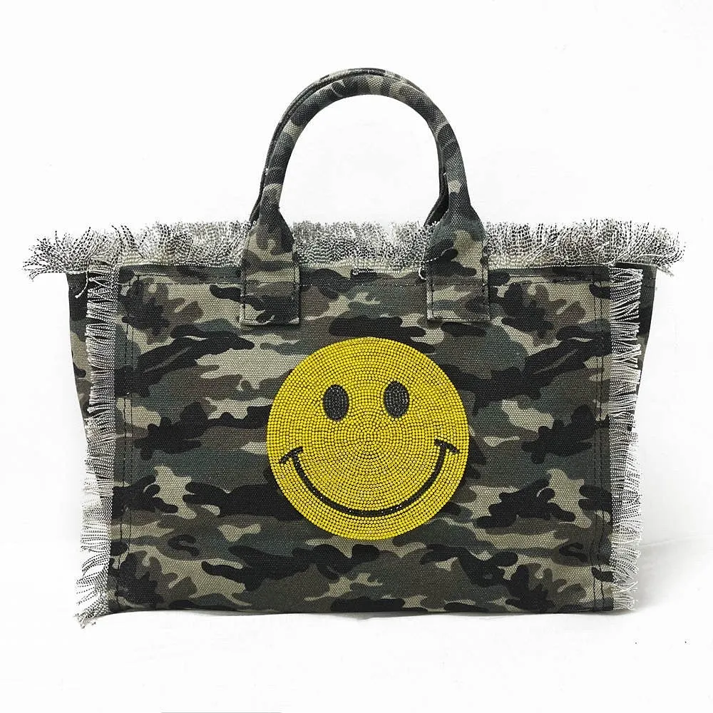 Bling Smiley 😊 Face Small Fringe Canvas Tote With Solid Strap