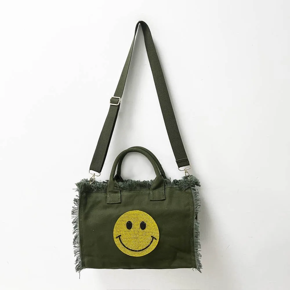 Bling Smiley 😊 Face Small Fringe Canvas Tote With Solid Strap