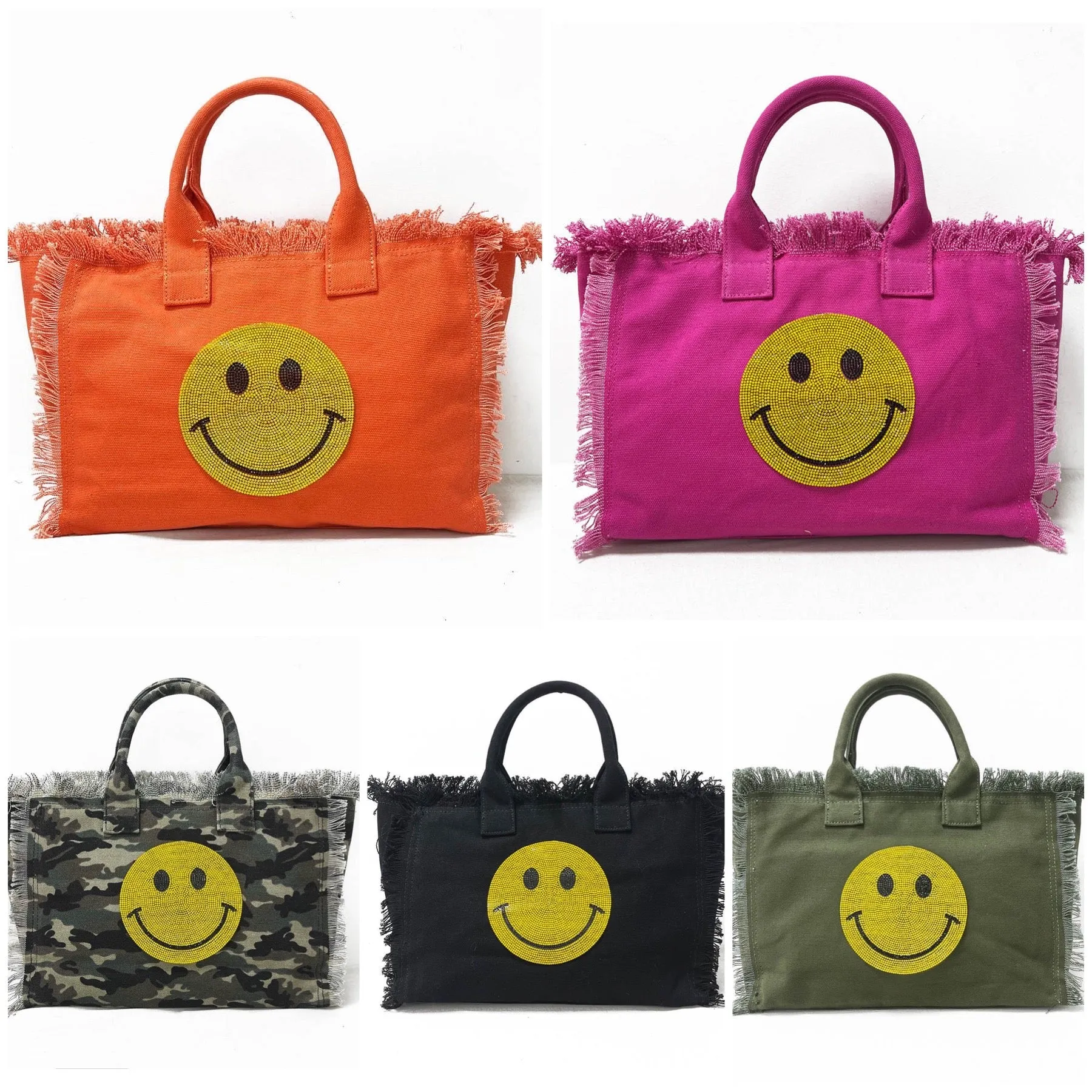 Bling Smiley 😊 Face Small Fringe Canvas Tote With Solid Strap