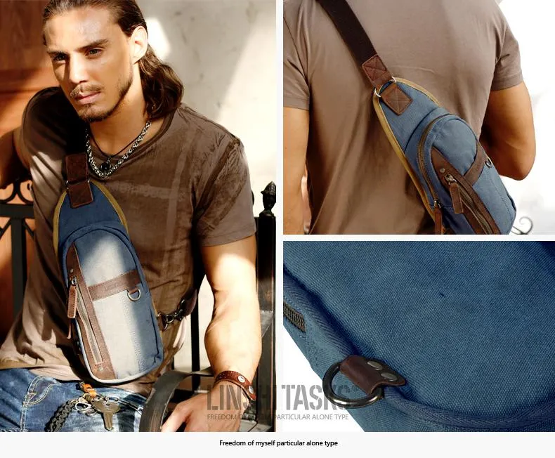 Blue Canvas Sling Backpack Men's Sling Bag Khaki Chest Bag Canvas One shoulder Backpack For Men