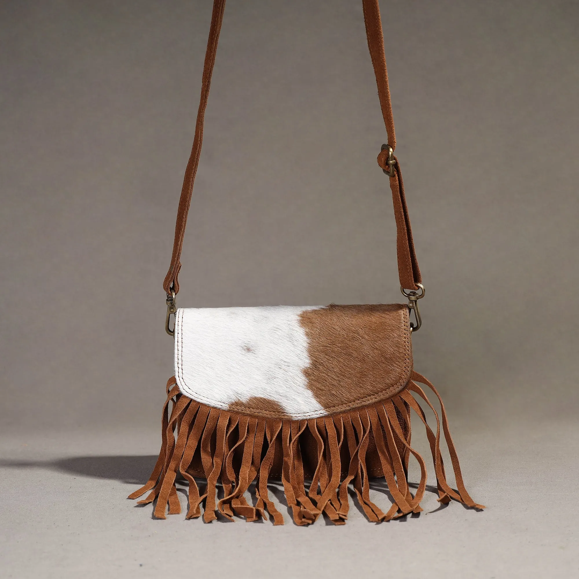 Brown - Handcrafted Suede Leather Fringe Sling Bag