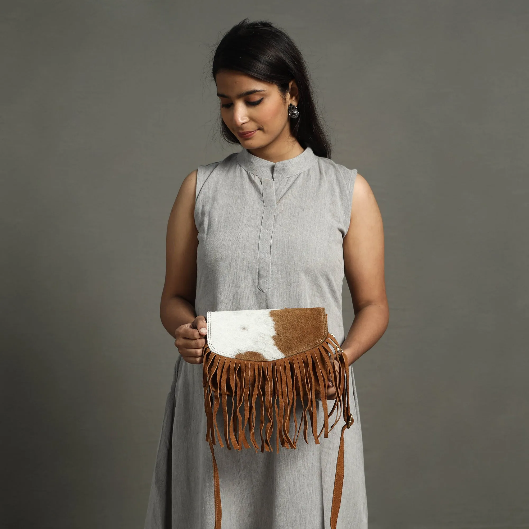 Brown - Handcrafted Suede Leather Fringe Sling Bag