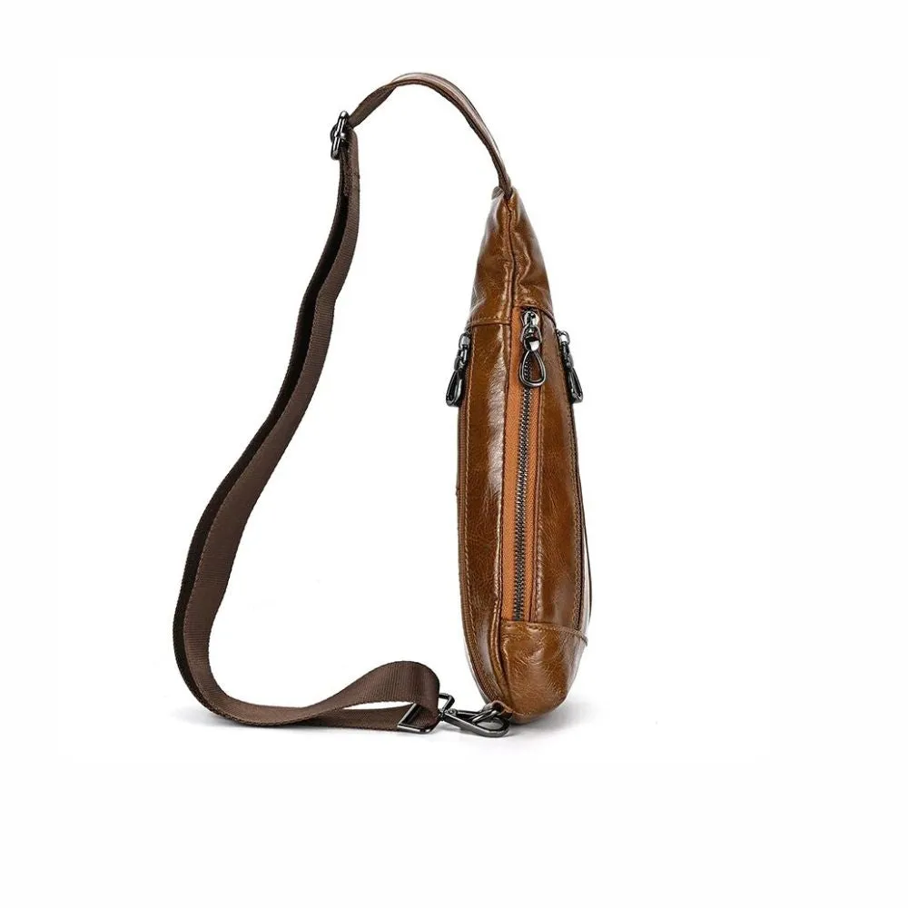 Brown Men's Leather Sling Crossbody Anti-Theft Chest Bag