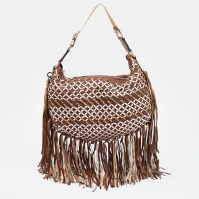 Brown/Metallic Woven Leather and Snakeskin Embossed Leather Fringe Hobo