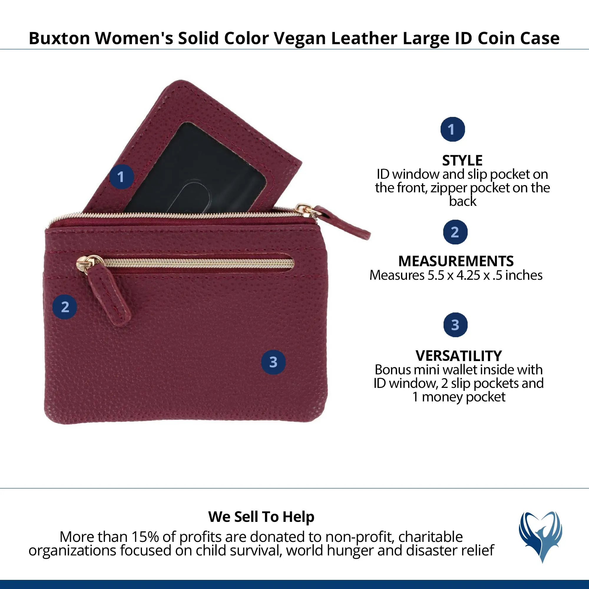 Buxton Women's Solid Color Vegan Leather Large ID Coin Case