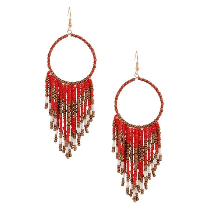 Colored and Gold Bead Fringe Circle Earrings