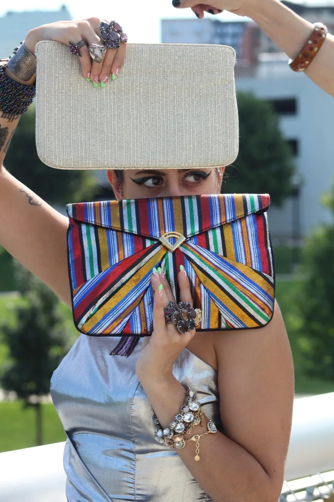 Colorful Striped Metallic Clutch Bag