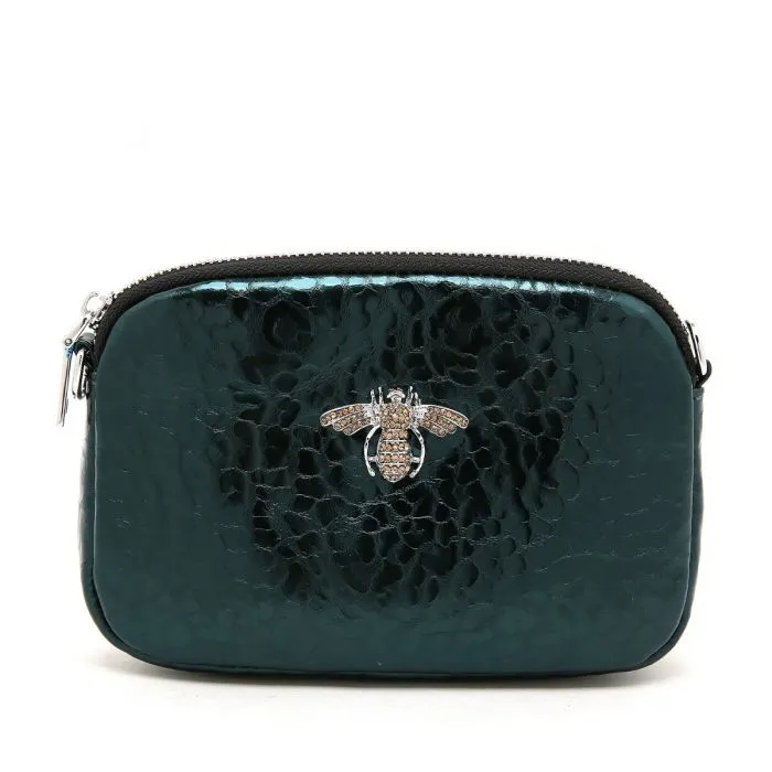 CRYSTAL LEATHER BEE BAG IN SHIMMERY EMERALD