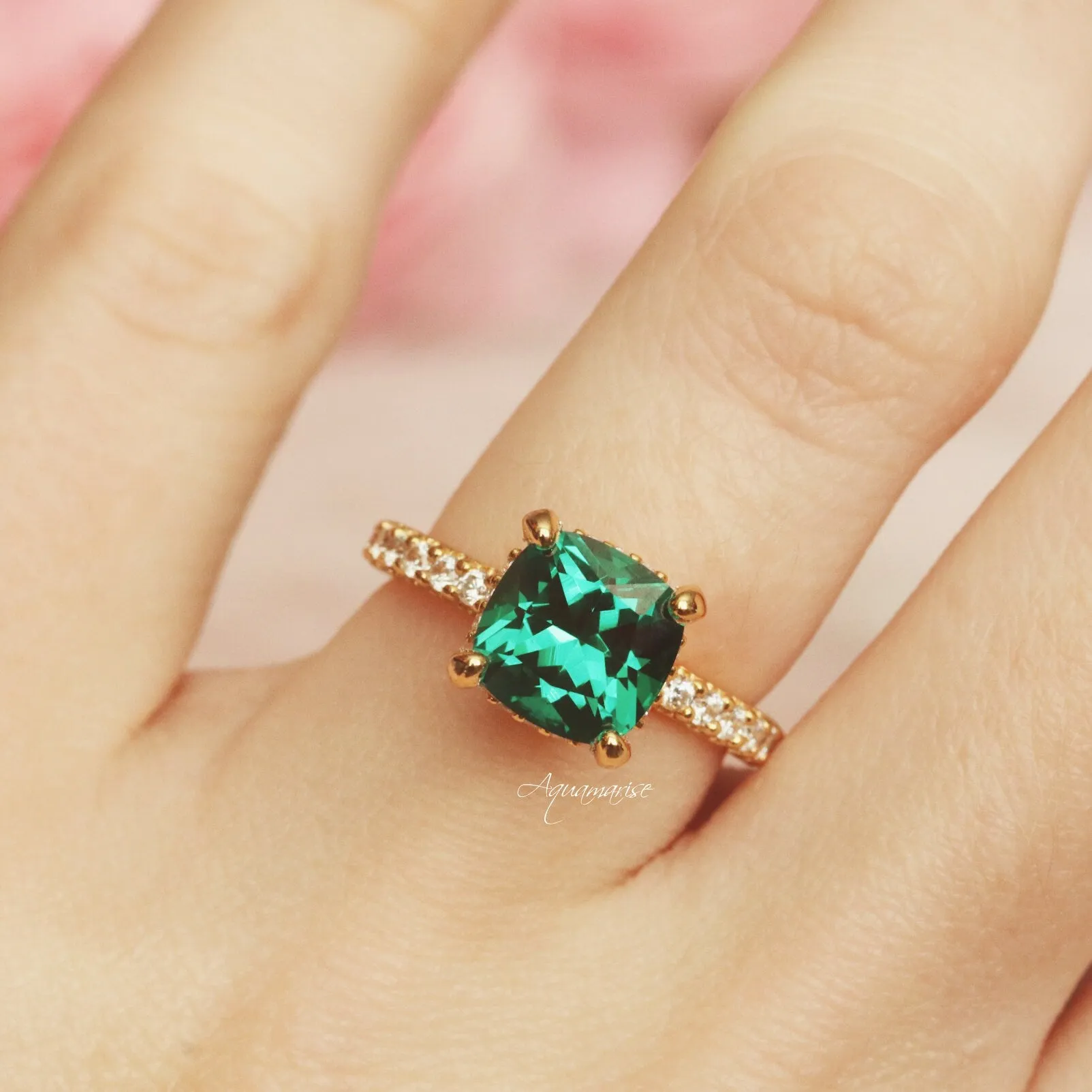 Cushion Hidden Halo Emerald Ring- 18K Yellow Gold Vermeil