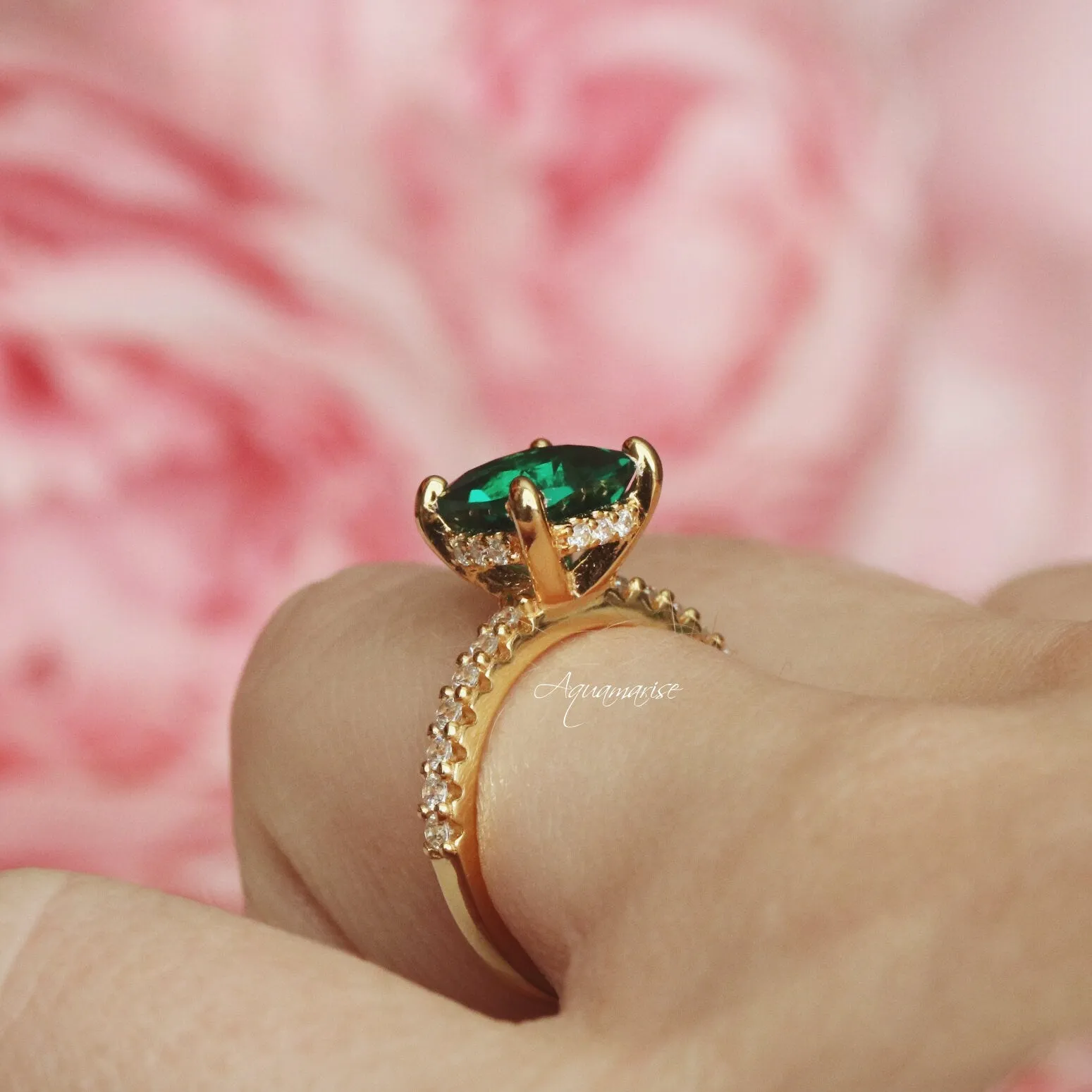 Cushion Hidden Halo Emerald Ring- 18K Yellow Gold Vermeil