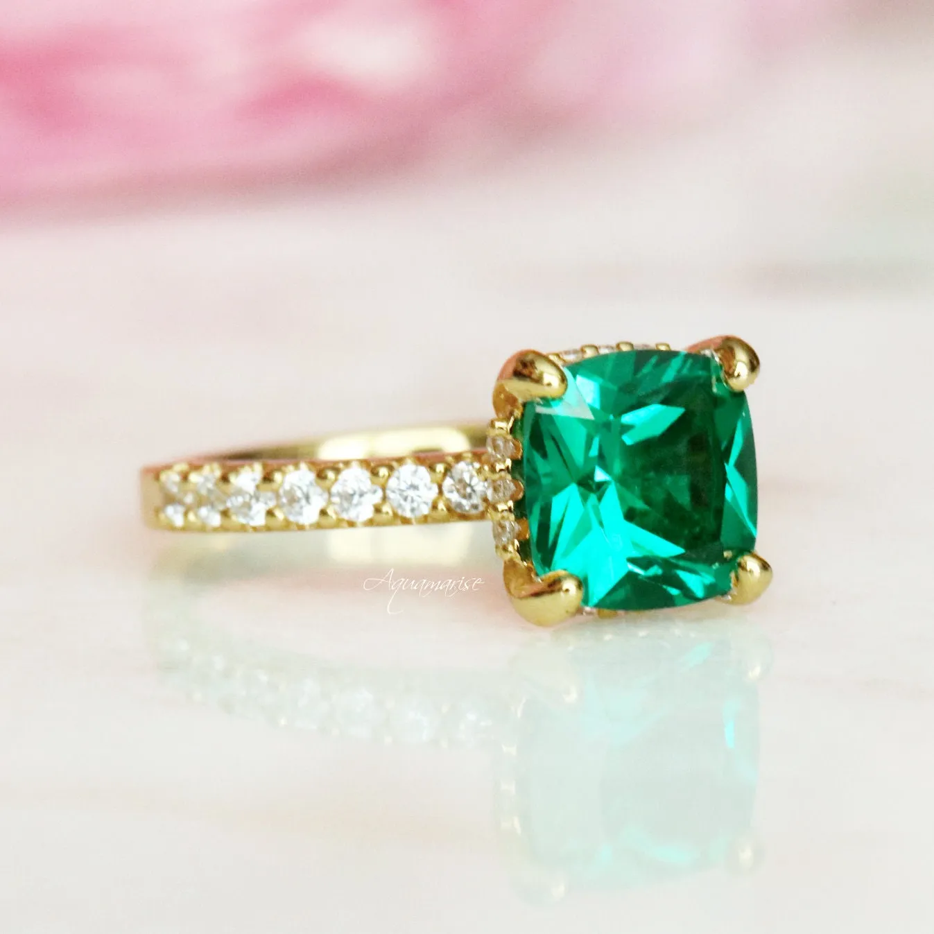 Cushion Hidden Halo Emerald Ring- 18K Yellow Gold Vermeil