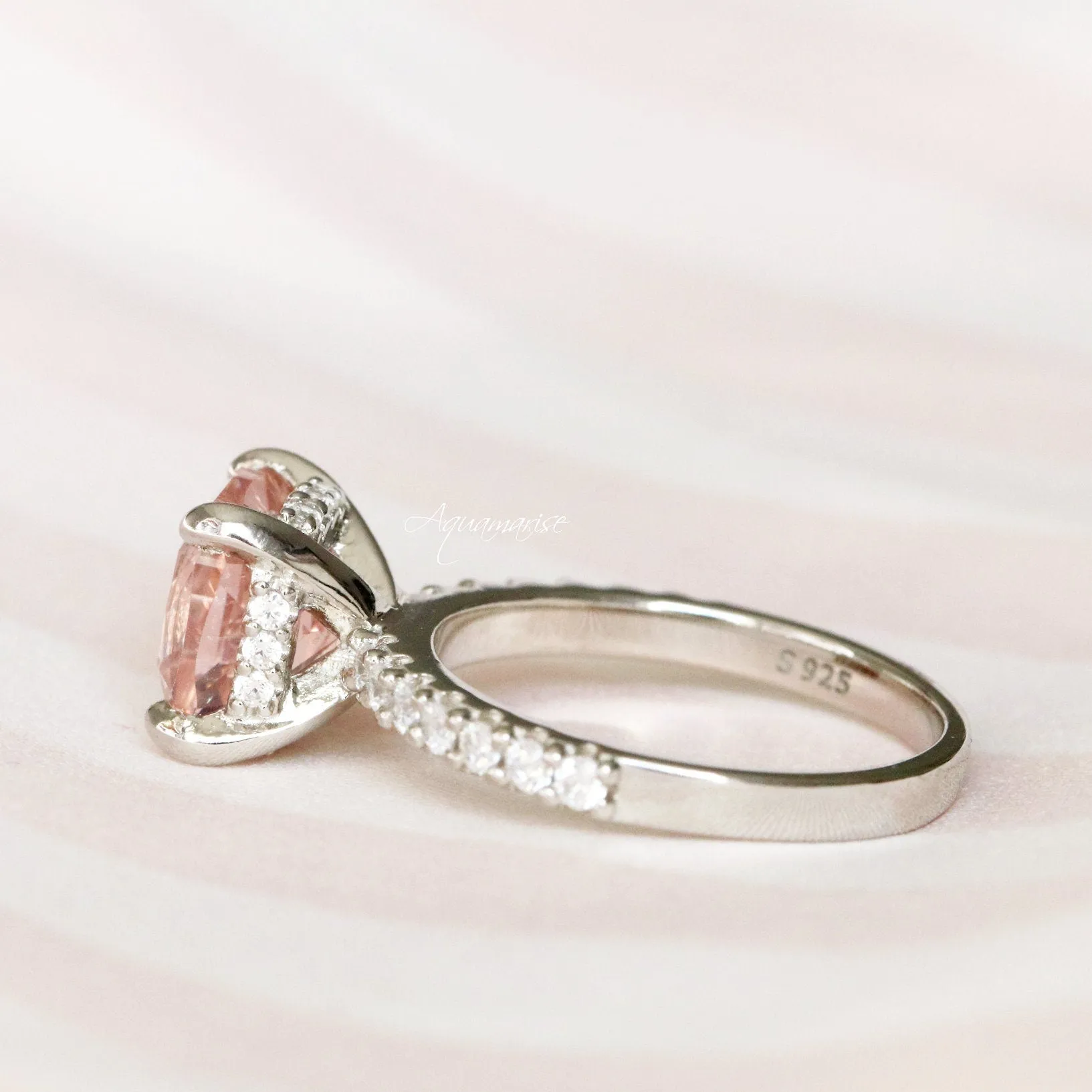 Cushion Hidden Halo Morganite Ring- Sterling Silver