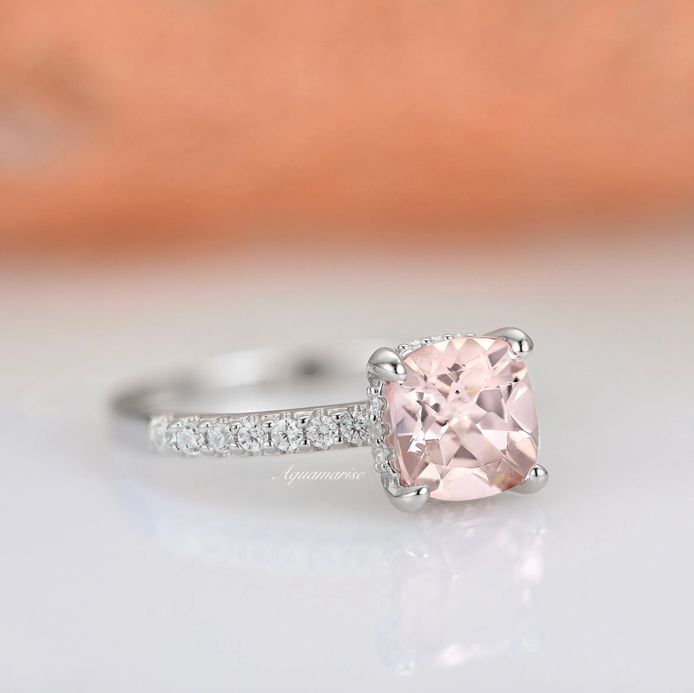 Cushion Hidden Halo Morganite Ring- Sterling Silver