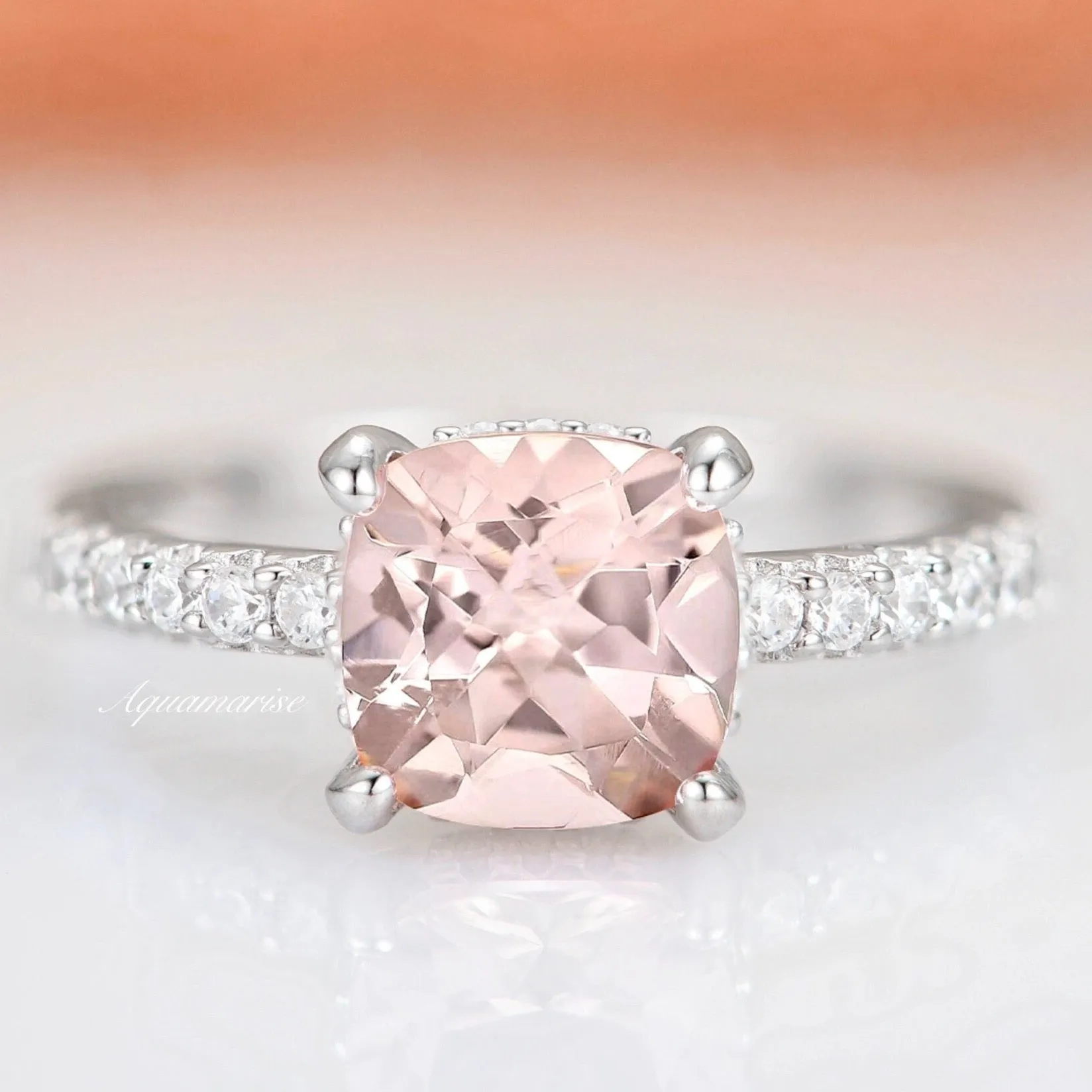 Cushion Hidden Halo Morganite Ring- Sterling Silver