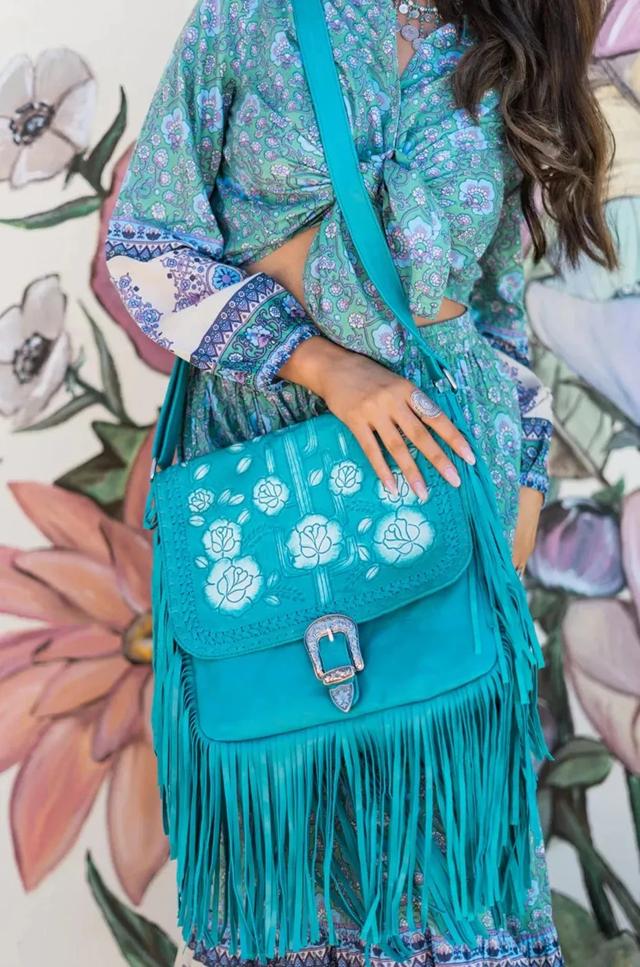 DESERT ROSE FRINGE BAG TURQUOISE