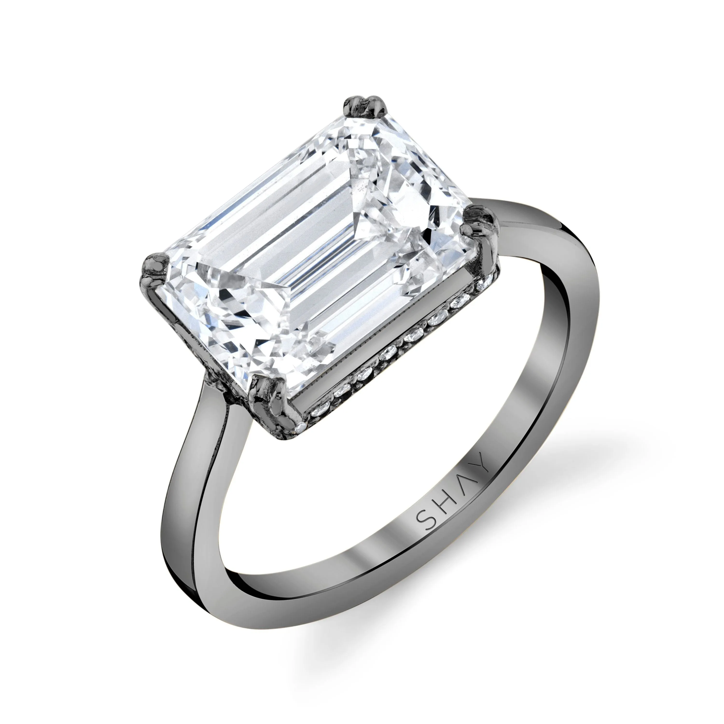 DIAMOND HIDDEN HALO EMERALD CUT EAST/WEST RING