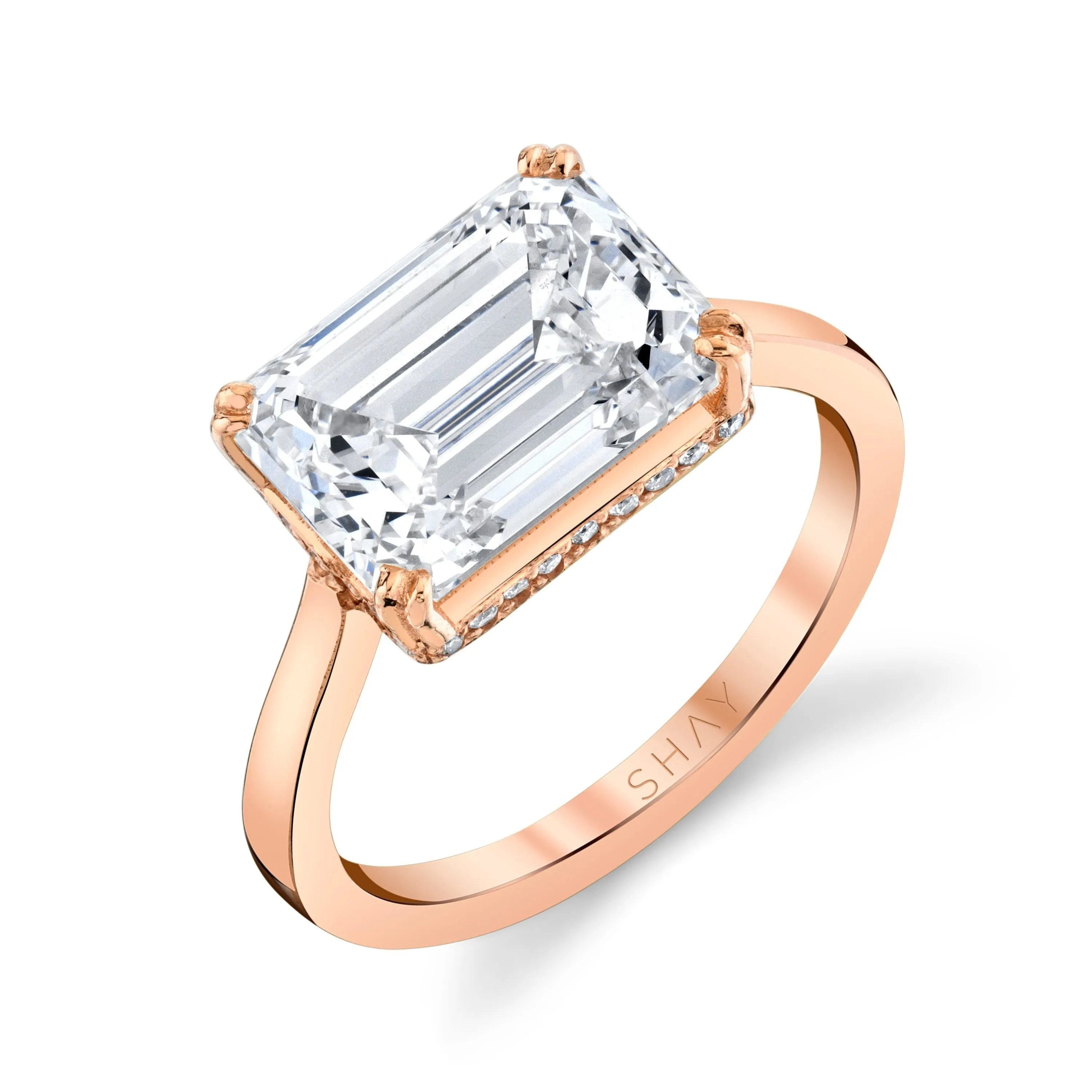 DIAMOND HIDDEN HALO EMERALD CUT EAST/WEST RING