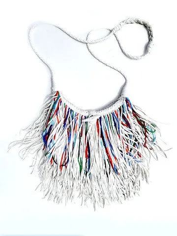 El Fleco Crossbody Fringe Bag White with Beads