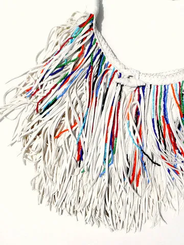 El Fleco Crossbody Fringe Bag White with Beads