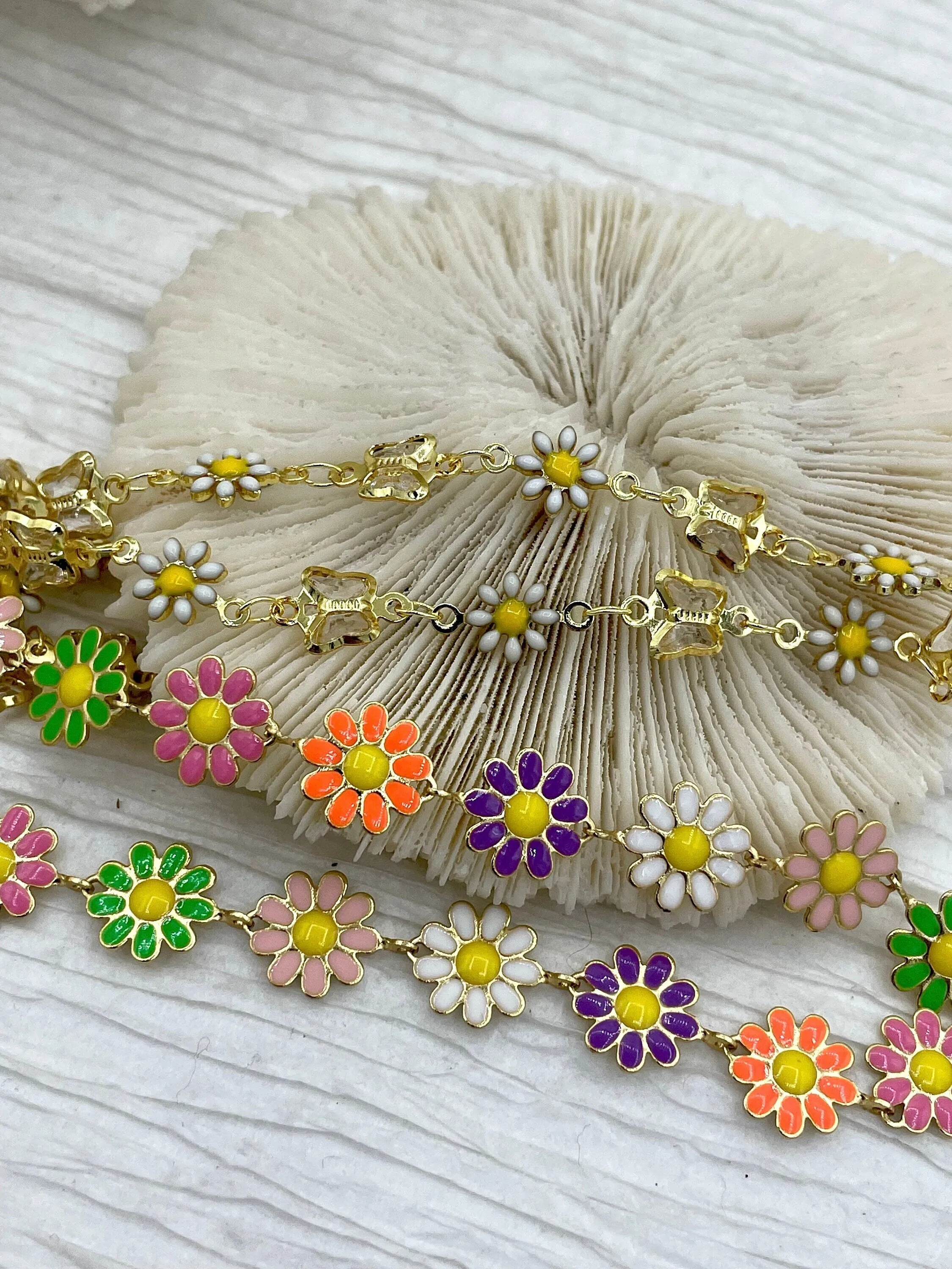 Enamel Brass Daisy chains, Gold Plated Brass Chain, Multicolor Pastel Daisies, Butterflies and Daisies, Daisy Chain, By the Foot, Fast Ship