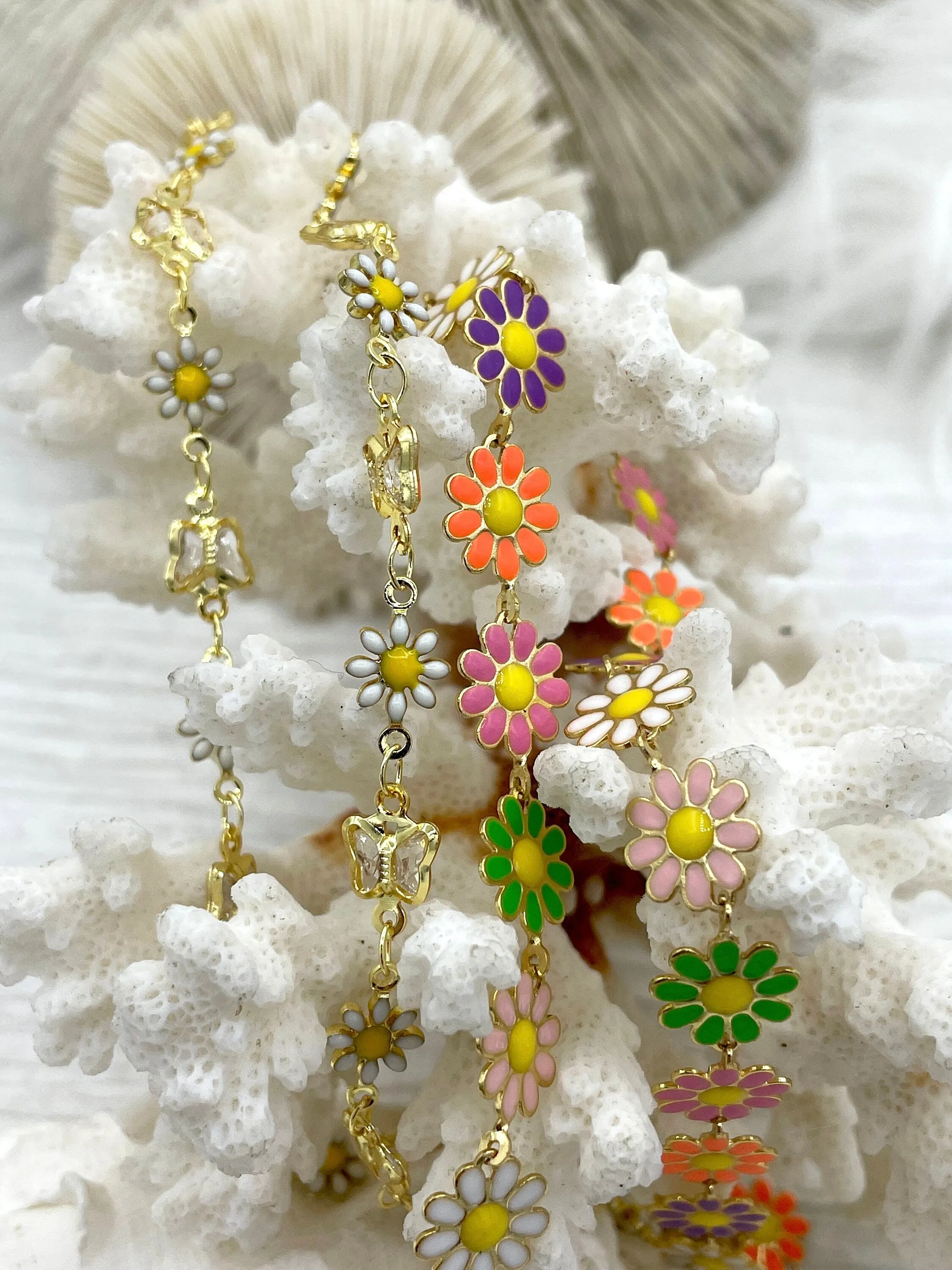 Enamel Brass Daisy chains, Gold Plated Brass Chain, Multicolor Pastel Daisies, Butterflies and Daisies, Daisy Chain, By the Foot, Fast Ship