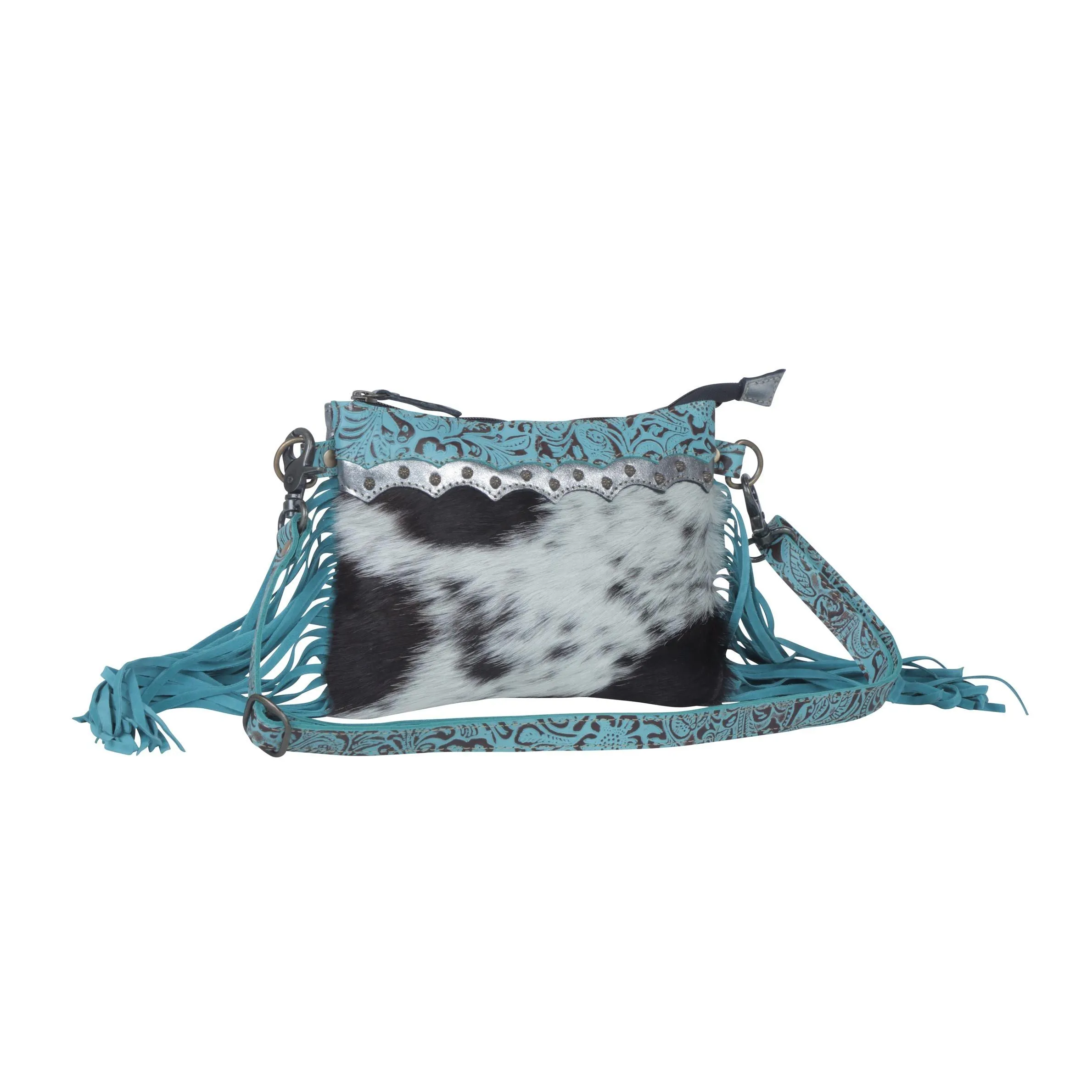 Exotic Azure Leather Fringe Crossbody