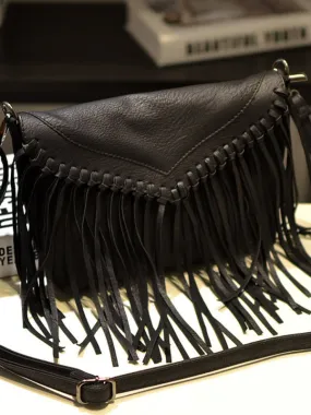 Faux Leather Fringe Messenger Bag - Envelope Purse