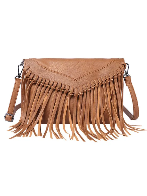 Faux Leather Fringe Messenger Bag - Envelope Purse